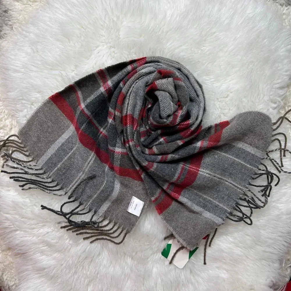 ITALIAN WOOLEN TREASURES Men's Scarf in Gray and Red 100% wool